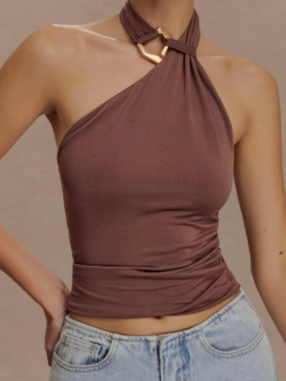 MESHKI Mariposa Slinky Halter Top Chocolate NWT Size Small Brown